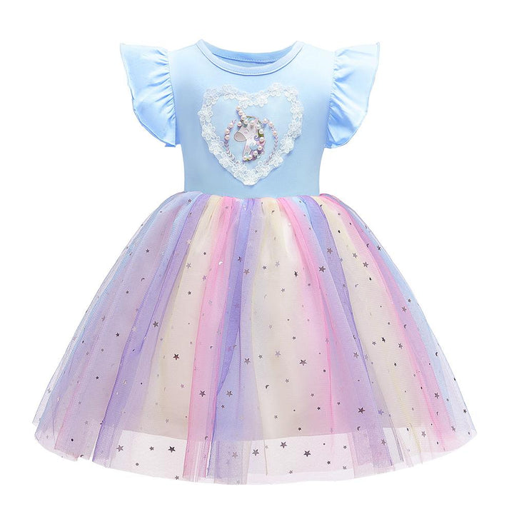 Girls Heart Lace Beaded Unicorn Star Sequins Rainbow Tulle Dress