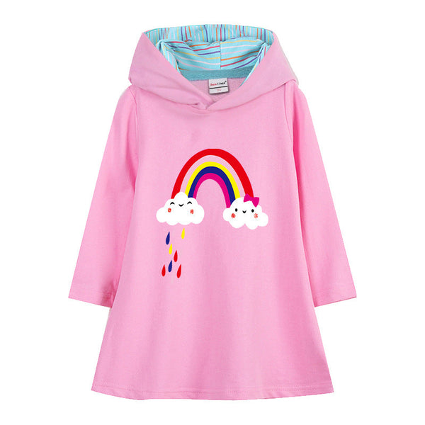 Girls Cute Rainbow And Cloud Print Hooded Sweat Dress