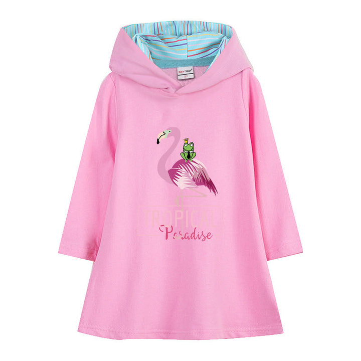 Little Girls Flamingo Frog Print Sweatshirt Hooded Dress