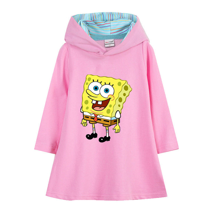 Little Girls SpongeBob Print Casual Hooded Sweat Cotton Dress