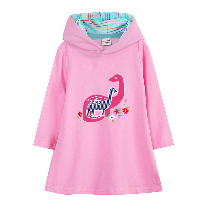Girls Dinosaur Print Pullover Hooded Sweatshirt Hoodie Dress