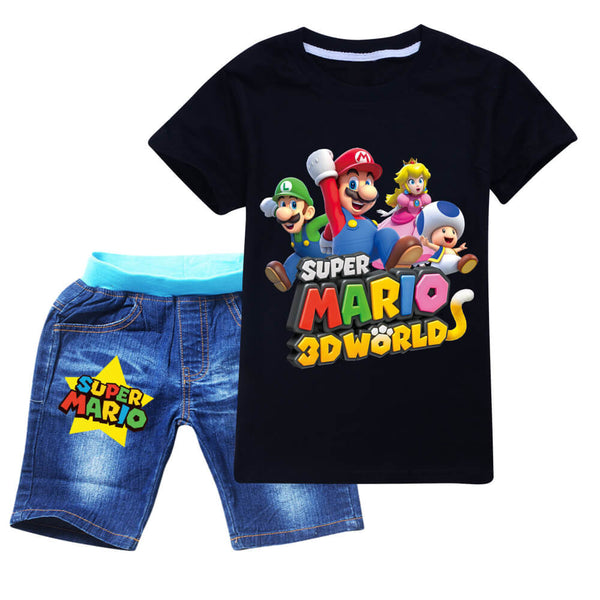 Boys Girls Super Mario 3D World Print Summer T Shirt And Denim Shorts