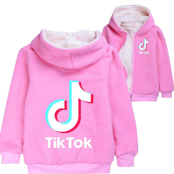 Tiktok Music Print Girls Pink Zip Up Fleece Up Winter Cotton Hoodie