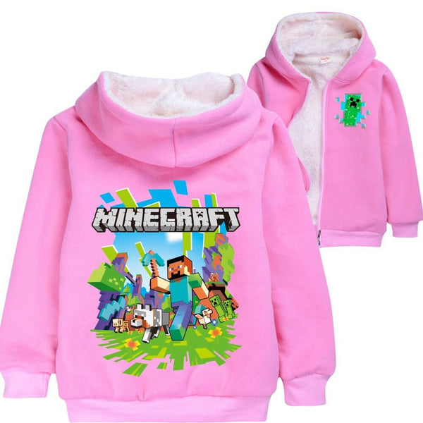 Minecraft Print Girls Pink Zip Up Fleece Lined Winter Cotton Hoodie