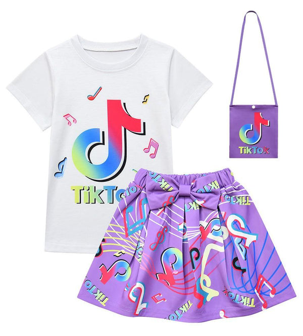 Girls Tik Tok Print T Shirt Skirt Suits Costume With Bag