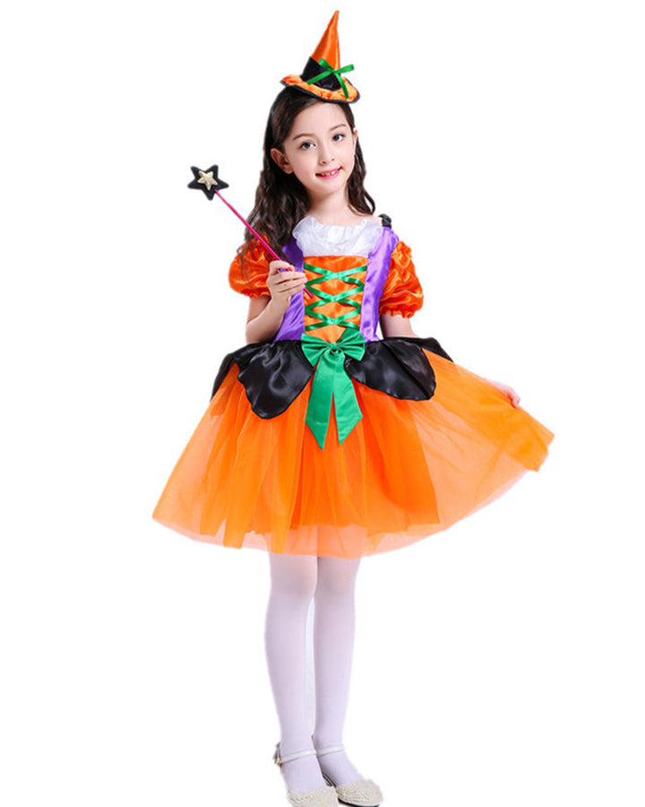 Girls Pumpkin Witch Dress Halloween School Play Cosplay Party Costume
