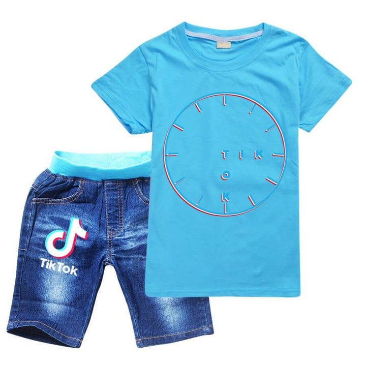 Tiktok Clock Print Girls Boys Cotton T Shirt And Jean Shorts Set