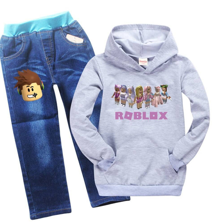 Cute Roblox Girls Figures Kids Kangaroo Pocket Hoodie Jeans Outfit Set