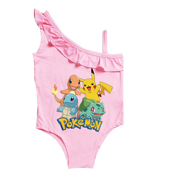 Girls Pokemon Pikachu Print One Shoulder Ruffle One Piece Swimsuit