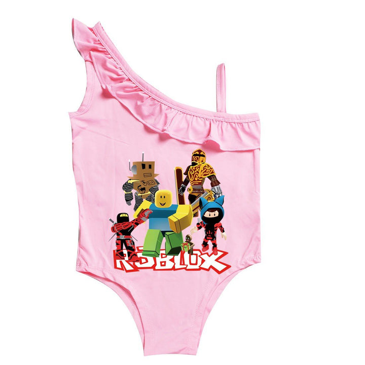 Girls Roblox Print Ruffle One Shoulder One Piece Swimwear Bathing Suit