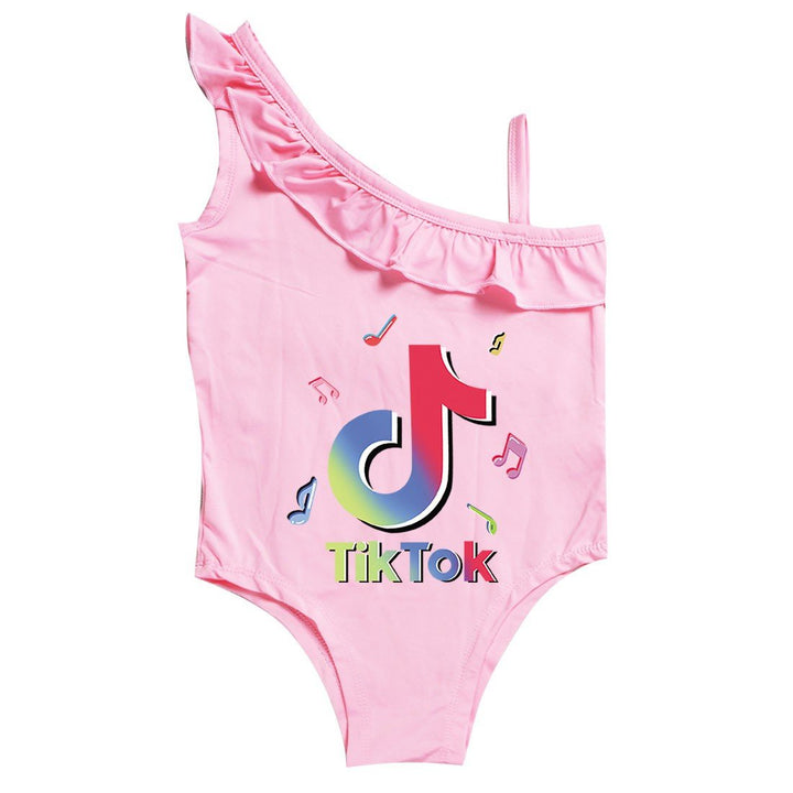 TikTok Print Little Girls Pink Purple Ruffle One Piece Swimsuit