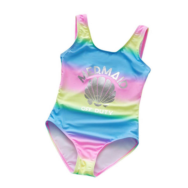 Girls Toddlers Macaron Color Mermaid Shell Print One Piece Swimsuit