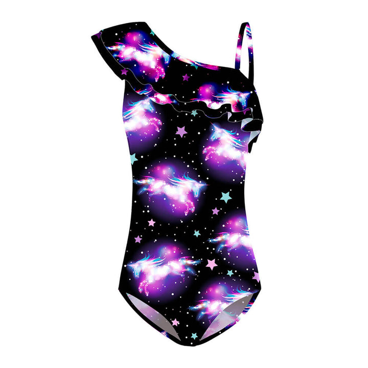 Girls Galaxy Unicorn Prints Ruffle One Shoulder One Piece Swimwear
