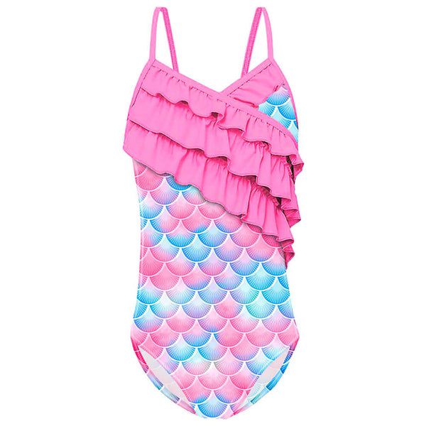 Little Girls Pink Mermaid Prints Layered Ruffle One Piece Swimsuit