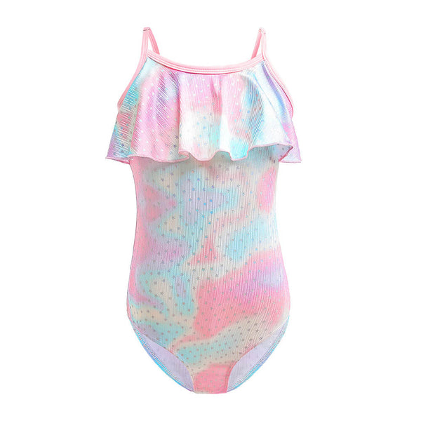 Girls Colorful Smudge Stars Print Ruffle Flounced One Piece Swimsuit