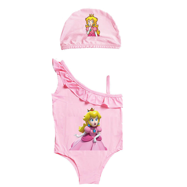 Little Girls Princess Peach Print Ruffle Shoulder One Piece Swimsuit